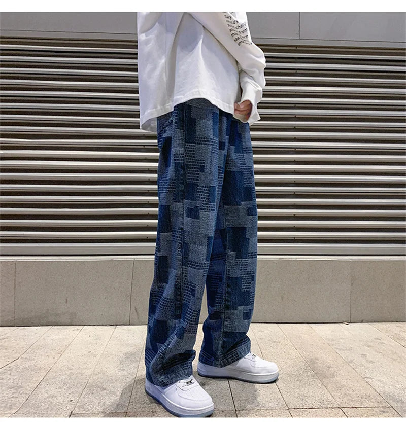 Autumn Blue Black Plaid Jeans For Men Y2K Vintage Wide-leg Jean High Street Loose Straight Denim Trousers Hip Hop Pantalones