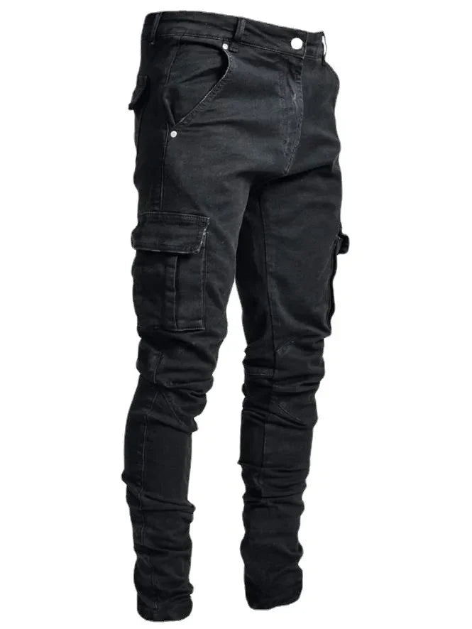 Street Elastic Jeans Men Denim Cargo Pants Wash Solid Color Multi Pockets Casual Mid Waist Trousers Slim Fit Daily Wear Joggers