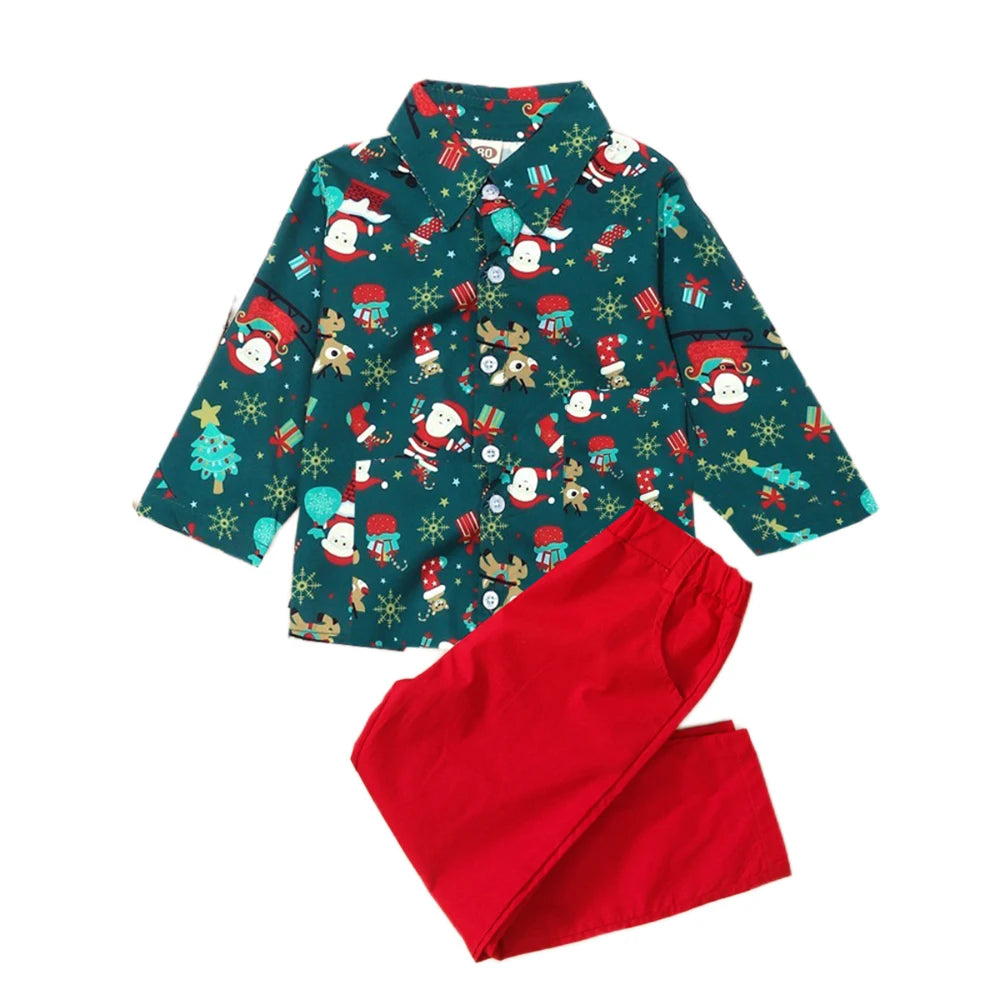 Ceeniu 1-5Y New Year Costume For Boy Christmas Outfit Santa Deer Printed Necktie Shirts and Red Pants Children Christmas Clothes