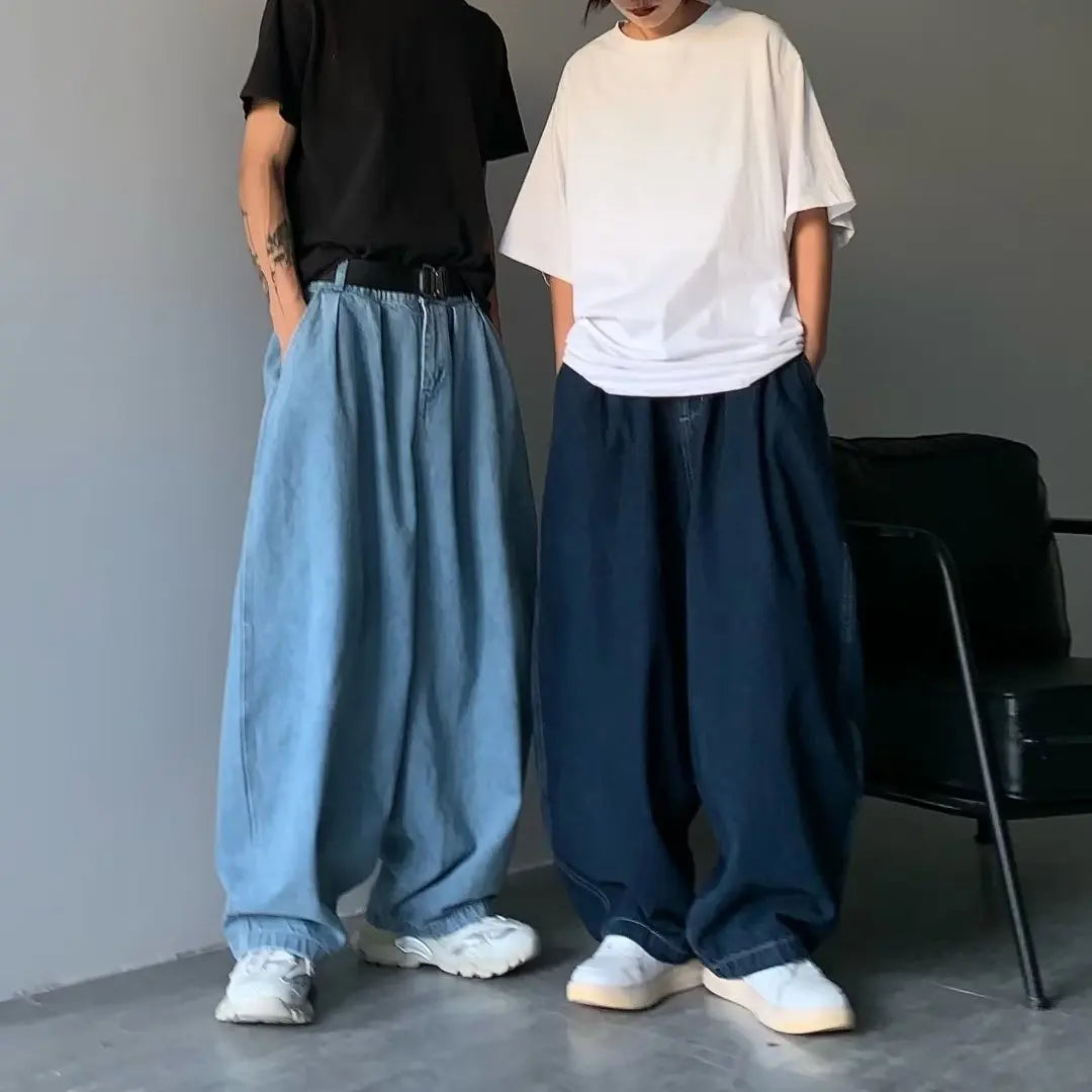 Men Wide Leg Pant Jeans Long Denim Pants Straight Trousers Elastic Waist Pocket Loose Casual Regular Solid Splice Autumn Winter