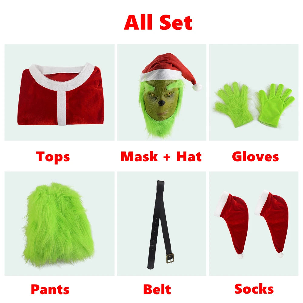 Disfraz de Grinch para Navidad: Máscara de peluche, pantalones, guantes, gorro rojo de Papá Noel, camiseta, calcetines. ¡Regalo perfecto para Navidad!