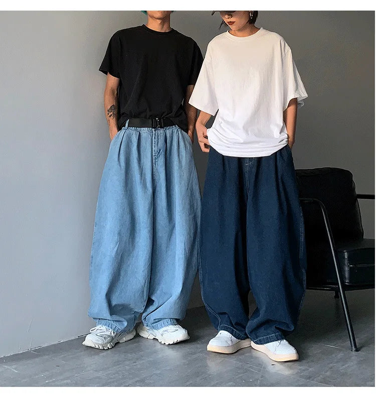 Men Wide Leg Pant Jeans Long Denim Pants Straight Trousers Elastic Waist Pocket Loose Casual Regular Solid Splice Autumn Winter