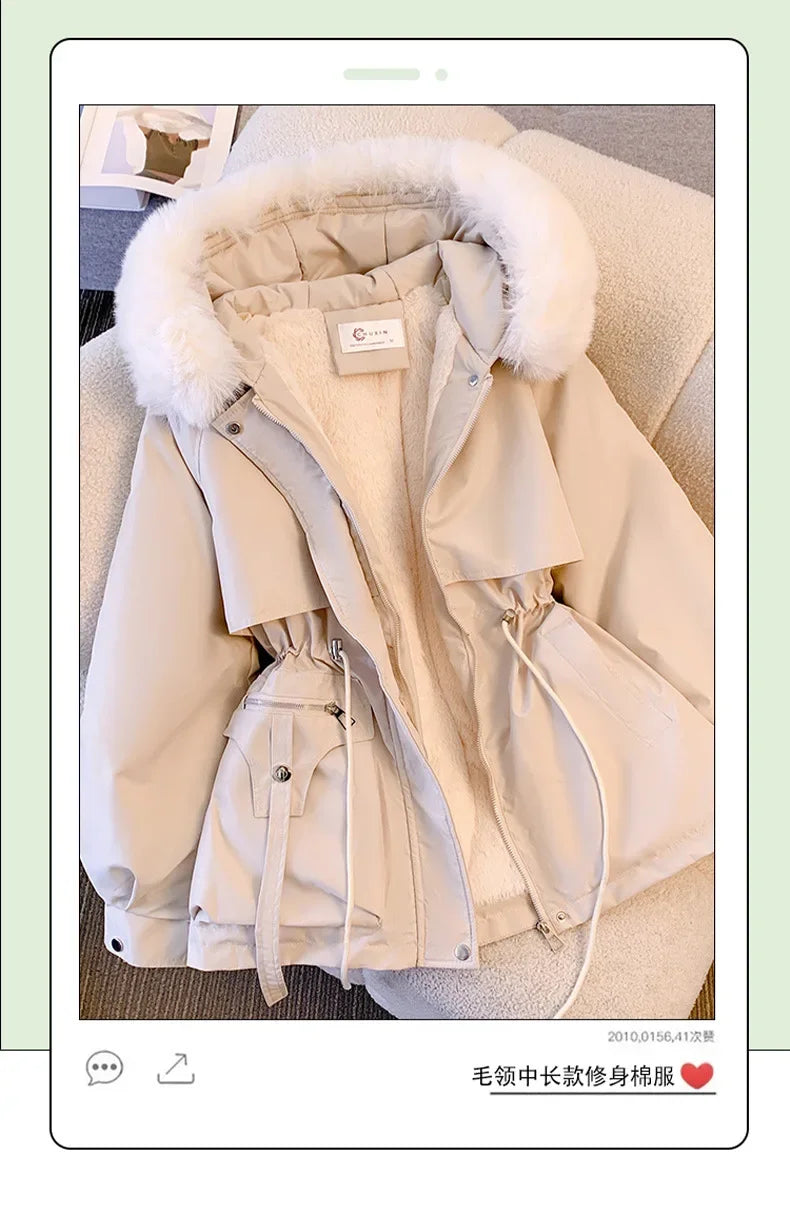 Fur Hooded Women Thick Parkas Zipper Autumn Coats Elastic Waist Midi Jackets Pockets Coats Elegant Coat Warm Winter 2024