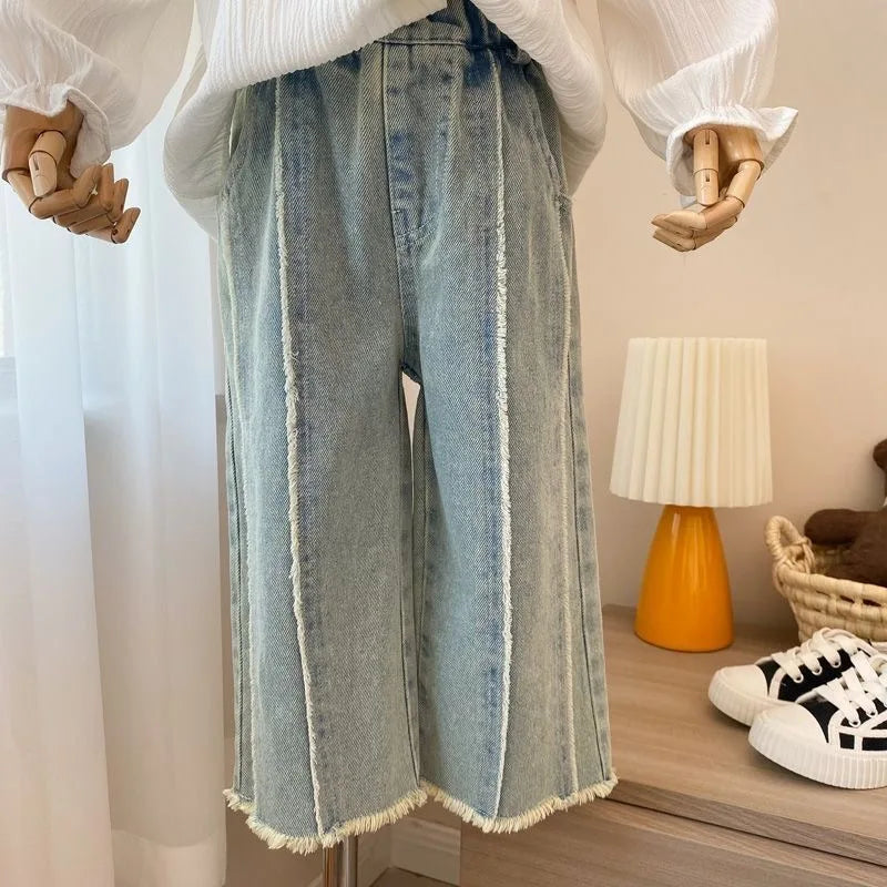 Girls Pants Spring and Autumn New Korean Fashionable All-match Straight Leg Casual Jeans Wide Leg Pants Kids Clothes