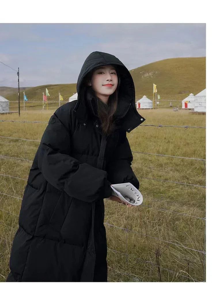 New Winter 2024 Women's Long Jacket Jacket Thickened Korean Loose Stylish Windproof Warm Hooded Down Cotton Jacket Coat