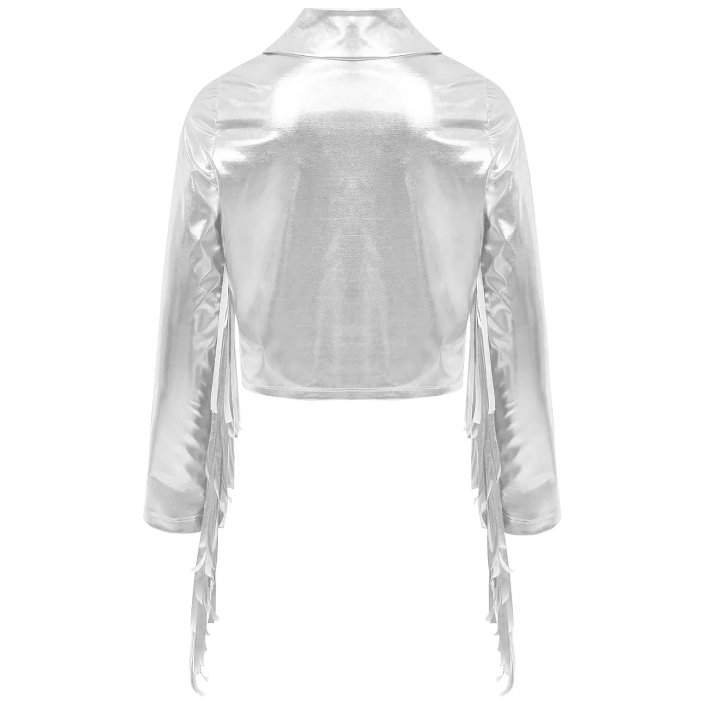 Kids Girls Tassels Metallic Jacket Top Fringe Shiny Turn-Down Collar Long Sleeve Zipper Jacket Coat for Hip Hop Street Dance