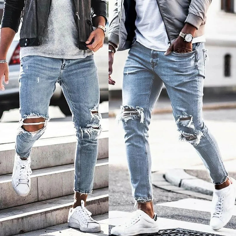 Pantalones vaqueros desgastados para hombre, de otoño, ajustados y adelgazantes, nuevos pantalones elásticos, pantalones de pierna pequeña para hombre.