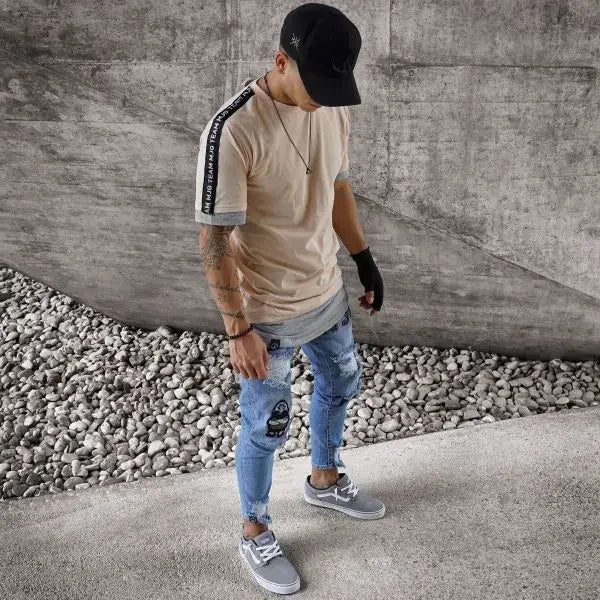Punk Denim Pants Men Jeans Skinny Ripped Hole Patchwork Slim Pencil Denim Hip Pop Trousers Autumn Plus Size Streetwear Men's