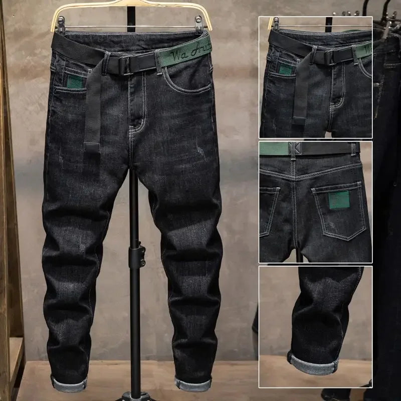 Pantalones de invierno de tela vaquera cepillada, ropa de estilo coreano, botas de calle de lujo para hombre, pantalones vaqueros gruesos de lana de felpa ajustados y elásticos.