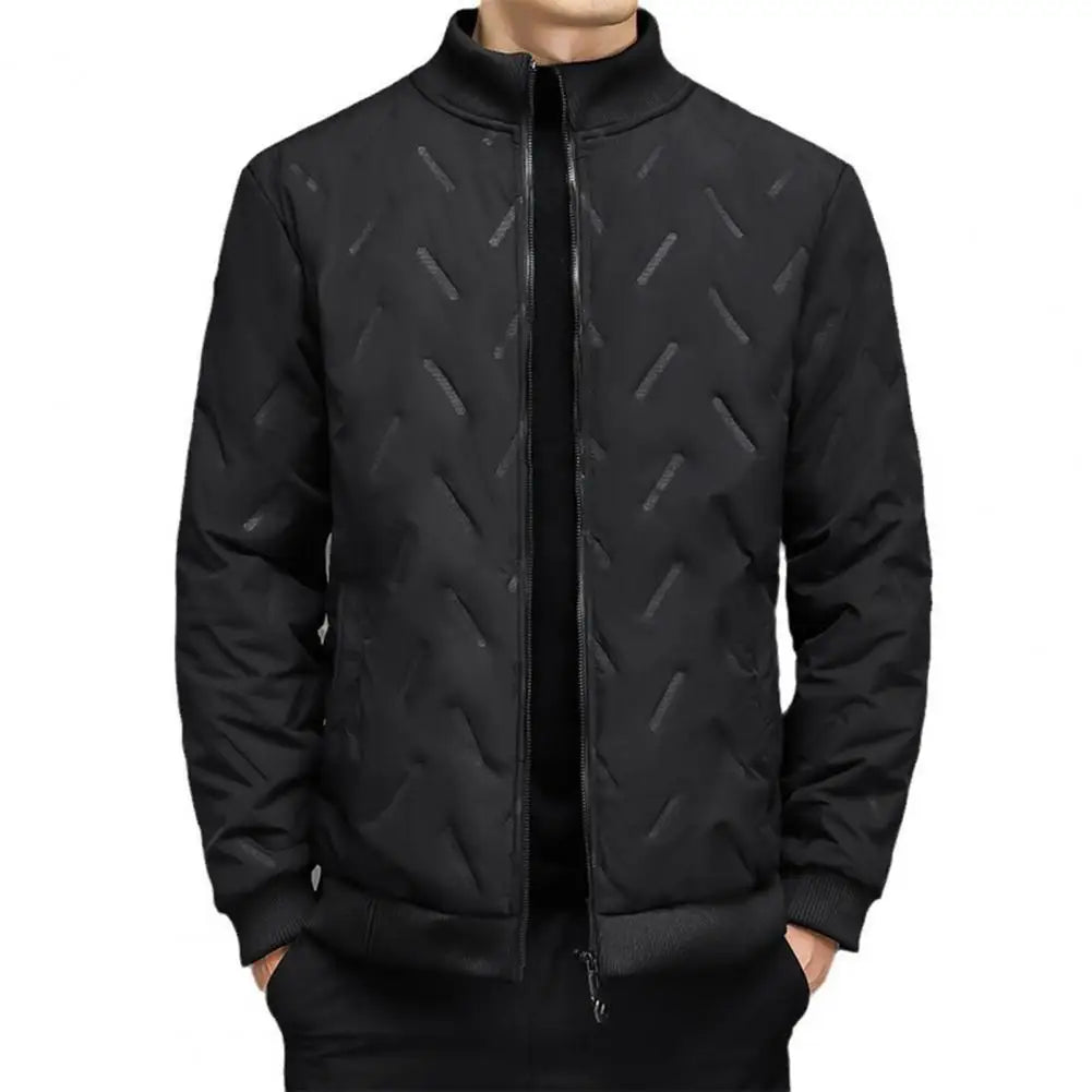 Men Parkas For Winter Lapel Embossed Lines Zipper Pockets Jacket Solid Color Plush Lining Elastic Hem Male Coat For Outdoor