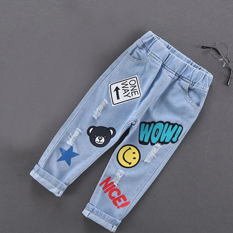 Children Jeans Boys Cotton Print Splice Stretch Denim Pants Korean Teenage Trousers Wear Kids ClothingDenimRipped Spring Autum