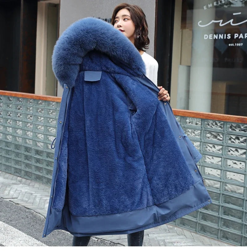 Cotton Liner Parker Women Long Coat Parka Coats Adjustable Waist Fur Collar Winter Jacket Coat Medium Long Hooded Parka Jackets