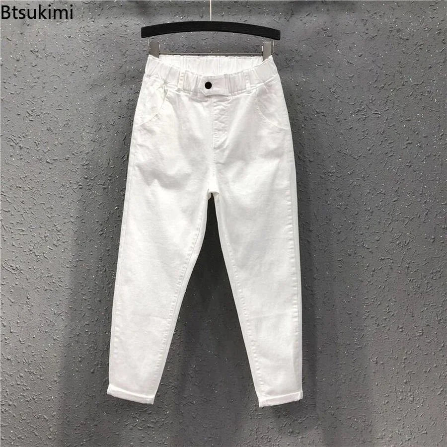 2025 Fashion Summer Women Harem Pants All-matched Casual Cotton Denim Pants Elastic Waist Solid Yellow White Jeans Female 3XL