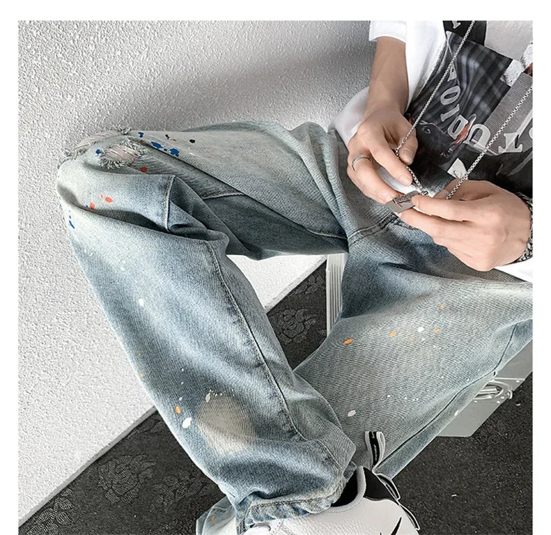Men's Splashing ink Ripped Baggy Jeans 2024 New Hip Hop Fashion Graffiti Holed Straight-leg Denim Pants Y2k Streetwear Jean