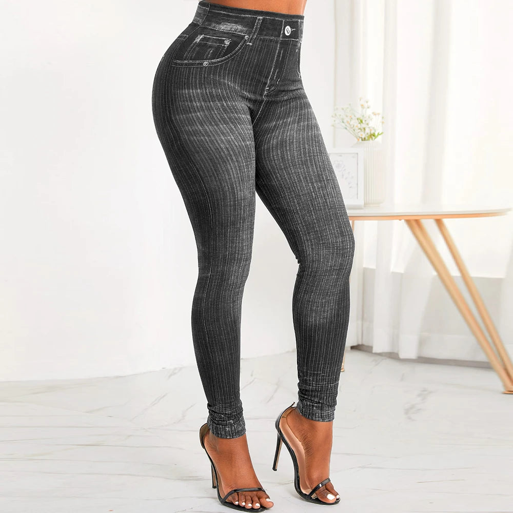 M XXL Faux Denim Leggings Women Clothing Summer High Waist Jeans Oversized Basics Pants Female Casual Slim Trousers