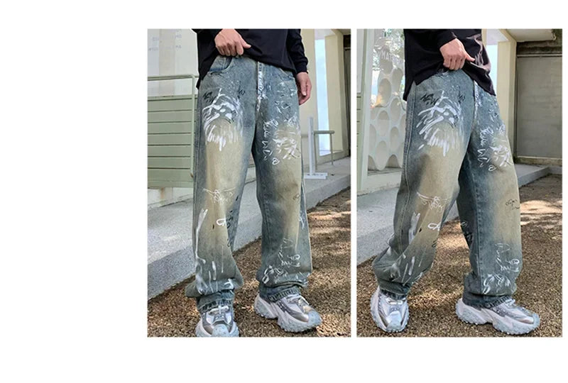 New Graffiti Printed Baggy Jeans For Men Y2K Vintage Distressed Blue Harajuku Denim Pants High Street Straight-leg Jean Trousers
