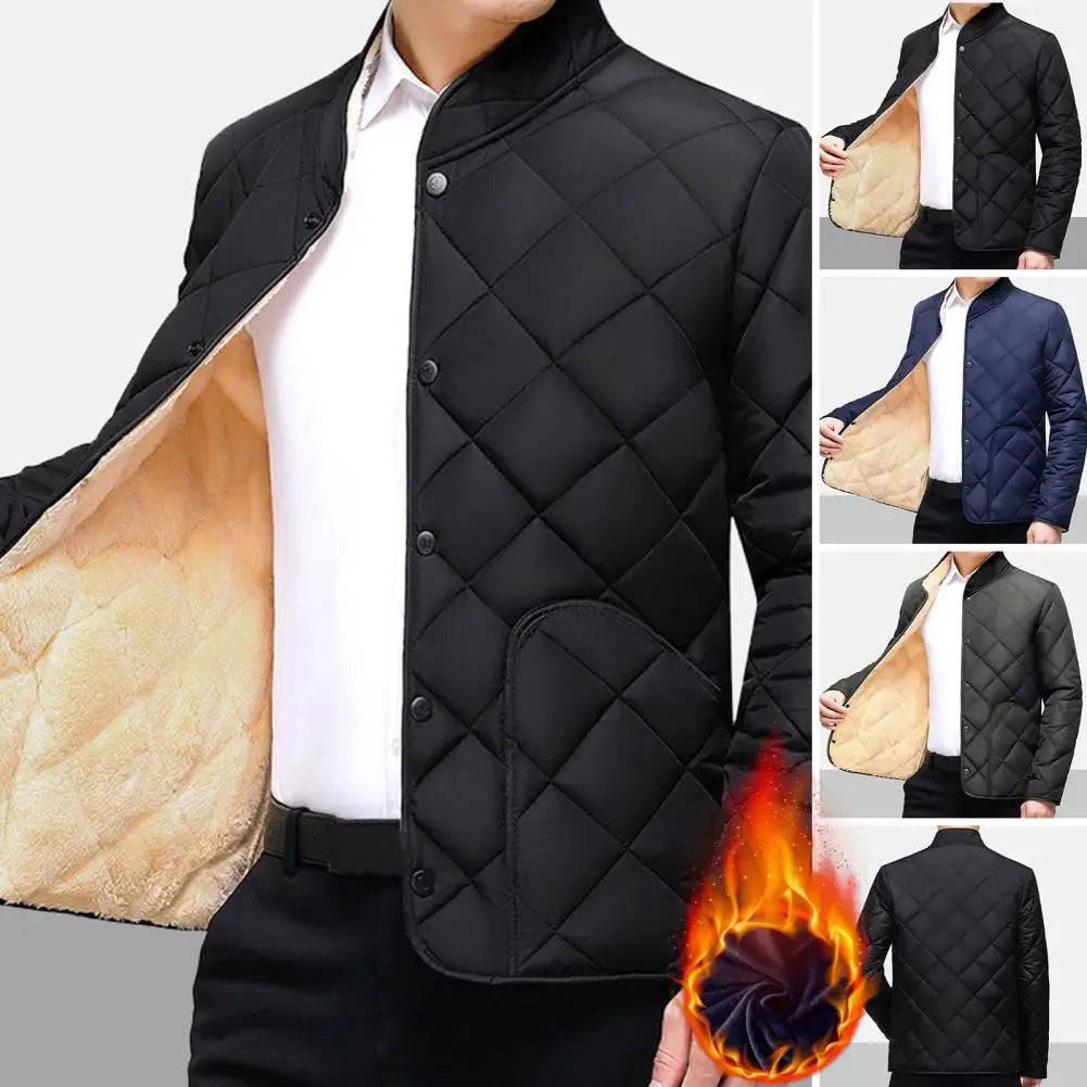 Single-breasted Coat Thickened Cotton Coat Cozy Men's Winter Coat Thick Plush Padding Stand Collar Warm Neck Protection Plus