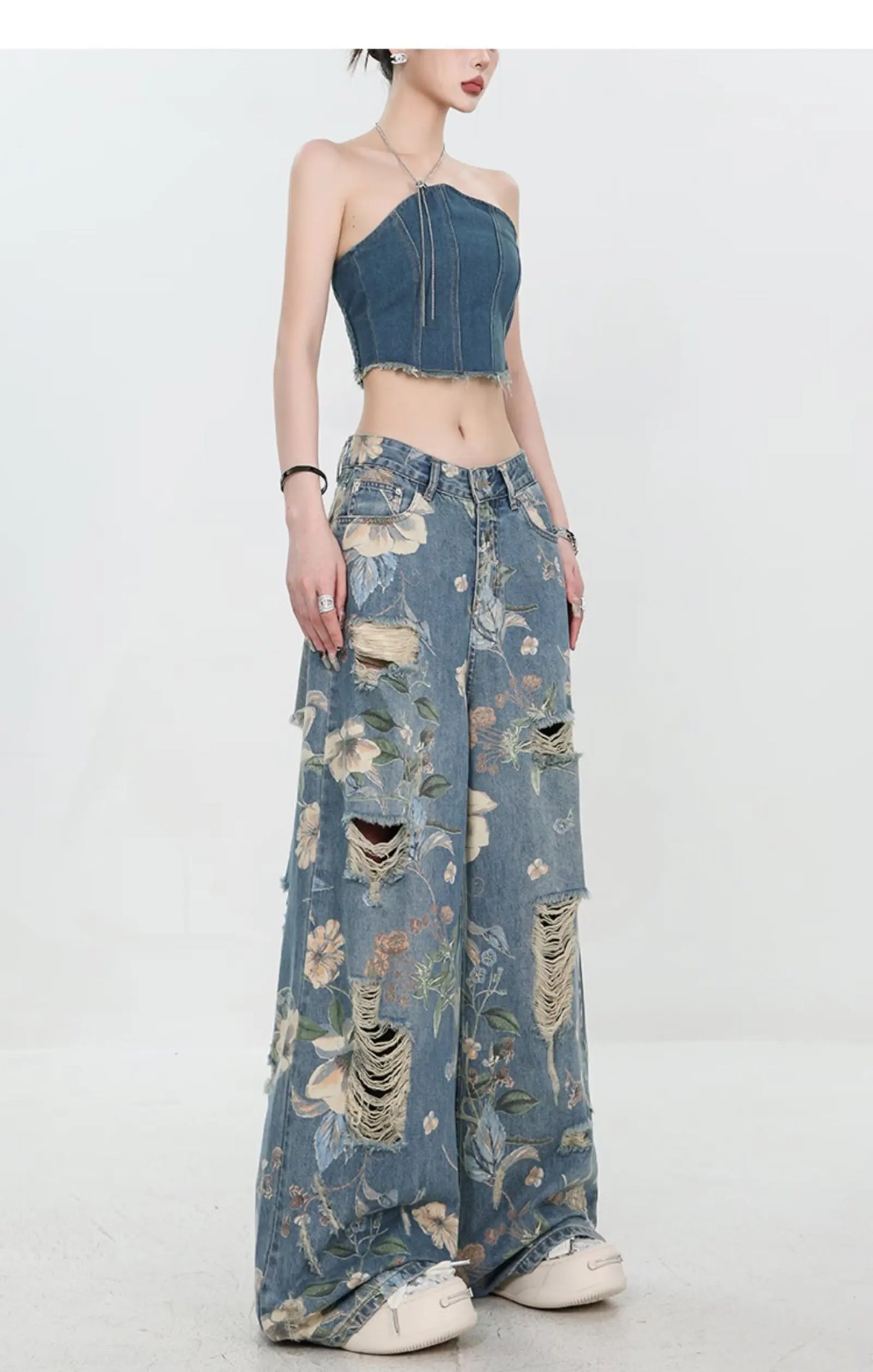American Street Print Jeans For Women Trendy Style Loose And Versatile Floor-length Wide-leg Pants With A Versatile Design