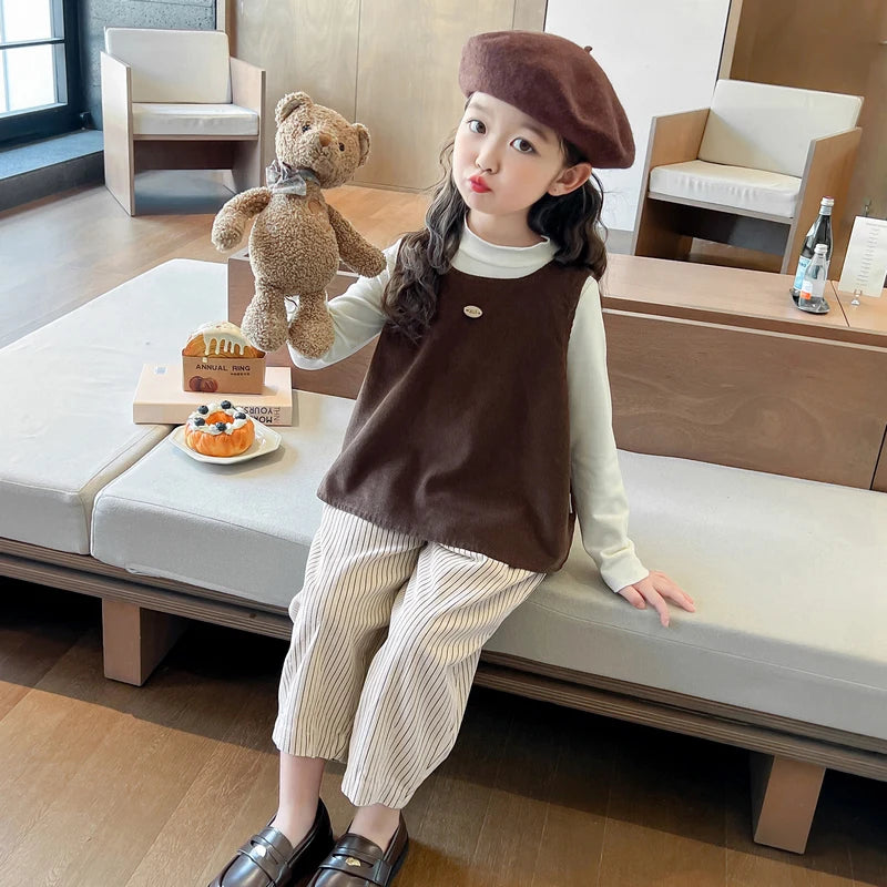 Girls Autumn Spring Clothing Set Fashion Children's Bow Tie Vest + Undershirt + Wide-Leg Pants Three-Piece Set 2025 New