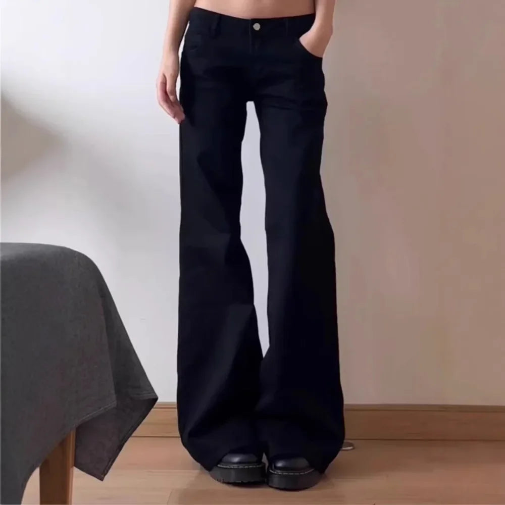 Vaqueros de talla grande estilo americano con cintura baja, anchos y micro acampanados para mujer, corte holgado, versátil y recto, para principios de otoño