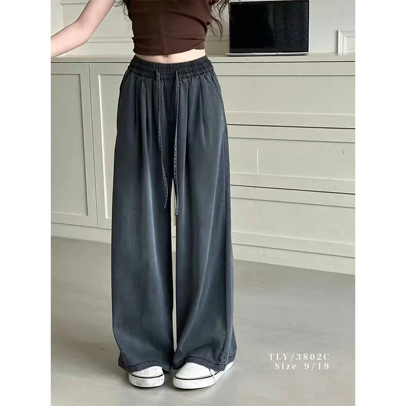 Hot sales Girls Summer Thin Jeans 2025 New Style Lyocell Cotton Straight Leg Jeans Big Kids Wide Leg Long Trousers