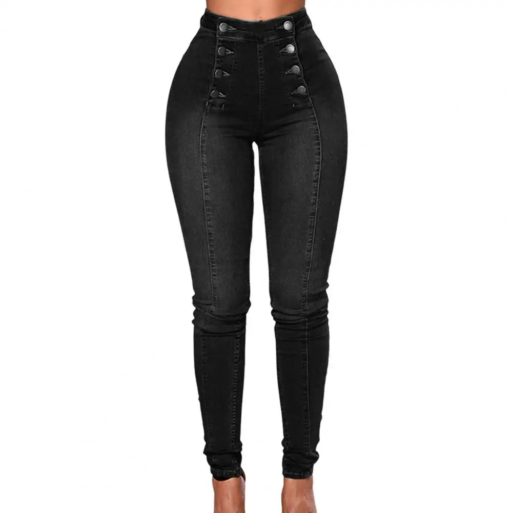 Vaqueros de cintura alta con botones decorativos y bolsillos para mujer, estilo push up, ajustados, cruzados, estilo urbano