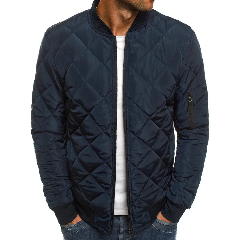 Men's Solid Color Diamond Check Seaming Thickened Standing Collar Cotton-padded Jacket, Winter New Casual Warm Zipper Jacket