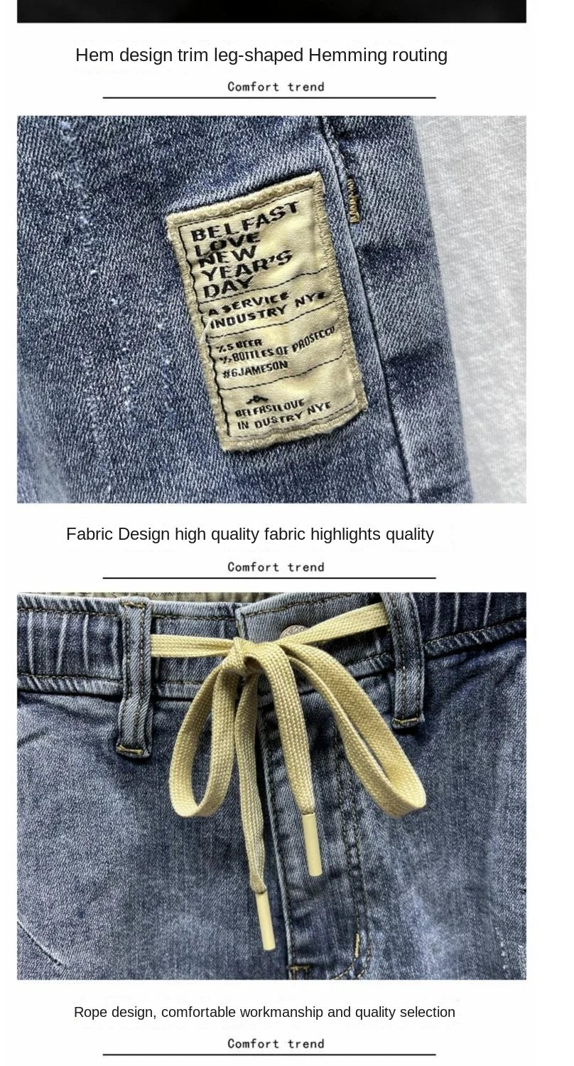 Pantalones vaqueros de lujo para hombre, moda coreana, primavera y verano, con cordón elástico, lavados, estilo cargo, holgados y cónicos