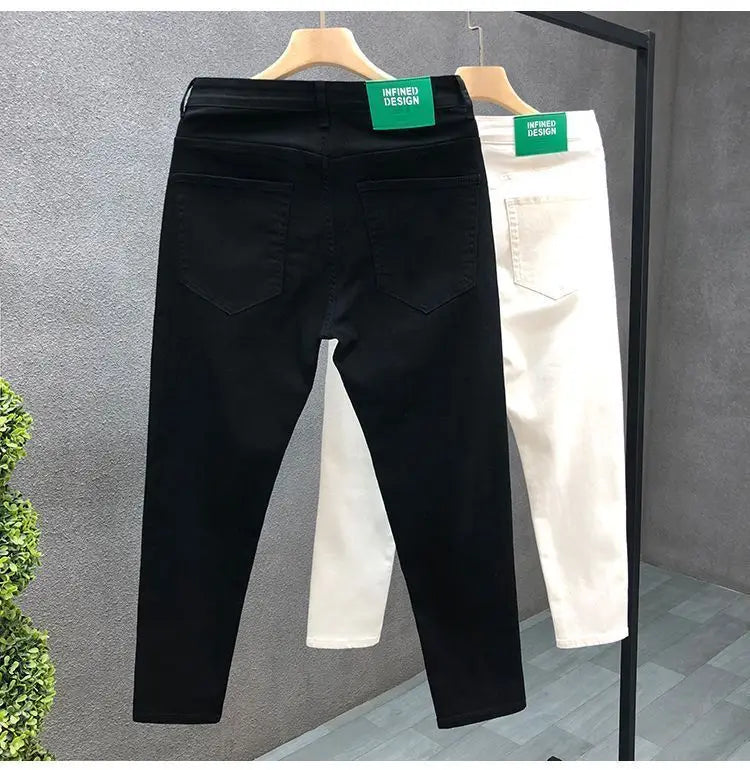 Fashion Luxury Designer Men's White Black Jeans Slim Fit Korean Style Stretch Denim Pants for Summer Stretch Skinny Jeans Male