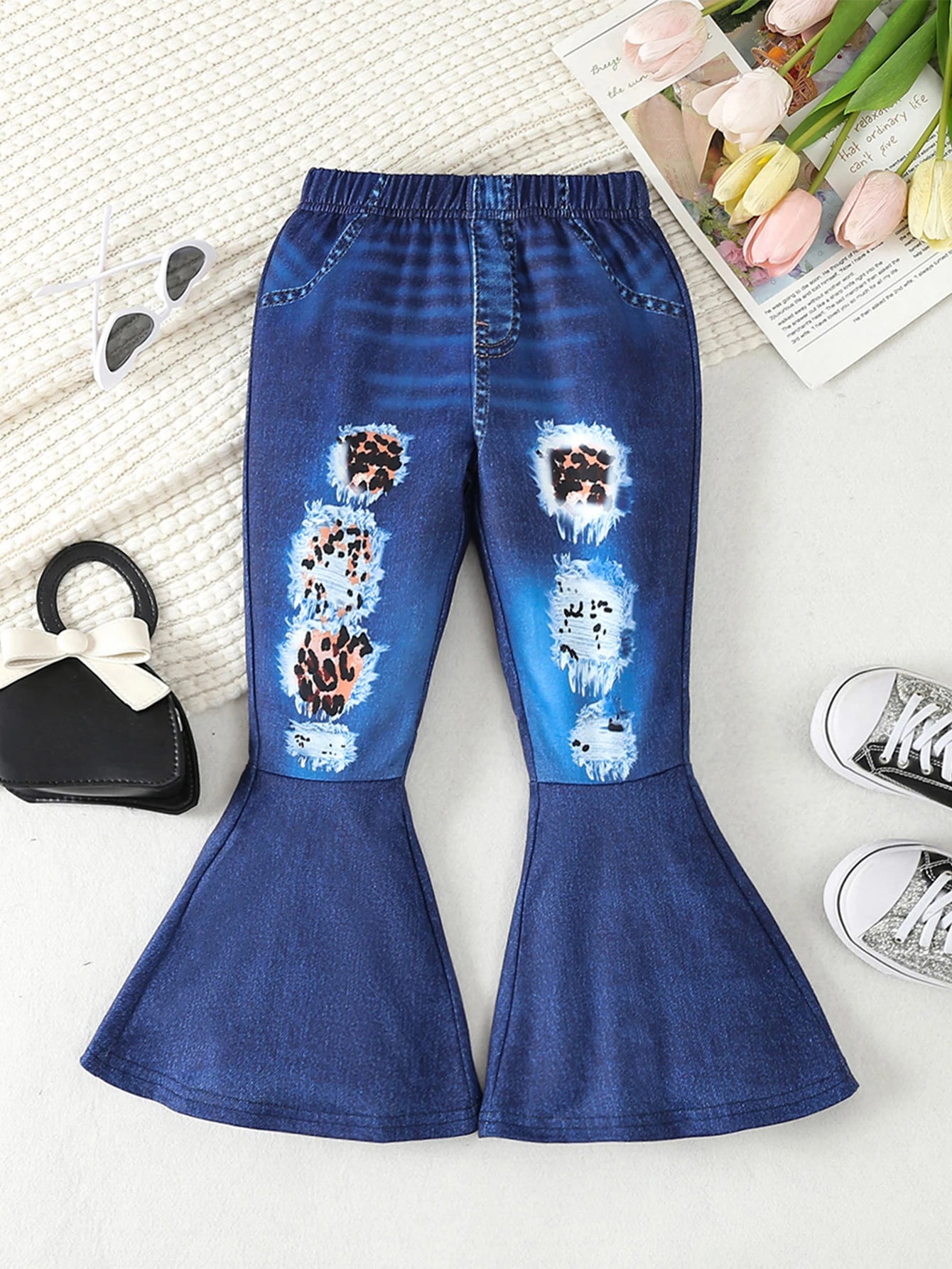 Directional Development of Girls' Daily Casual Street Style Hole Printed Elastic Waist Splicing Flared Pants Spring & Fall Style