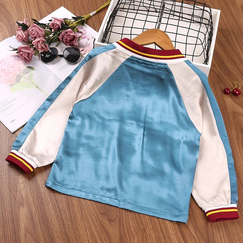 Girls' Spring And Fall Outerwear Wide Color Block V-Neck Jacket Red And Yellow 8-12 Years Old with White Patchwork Detail