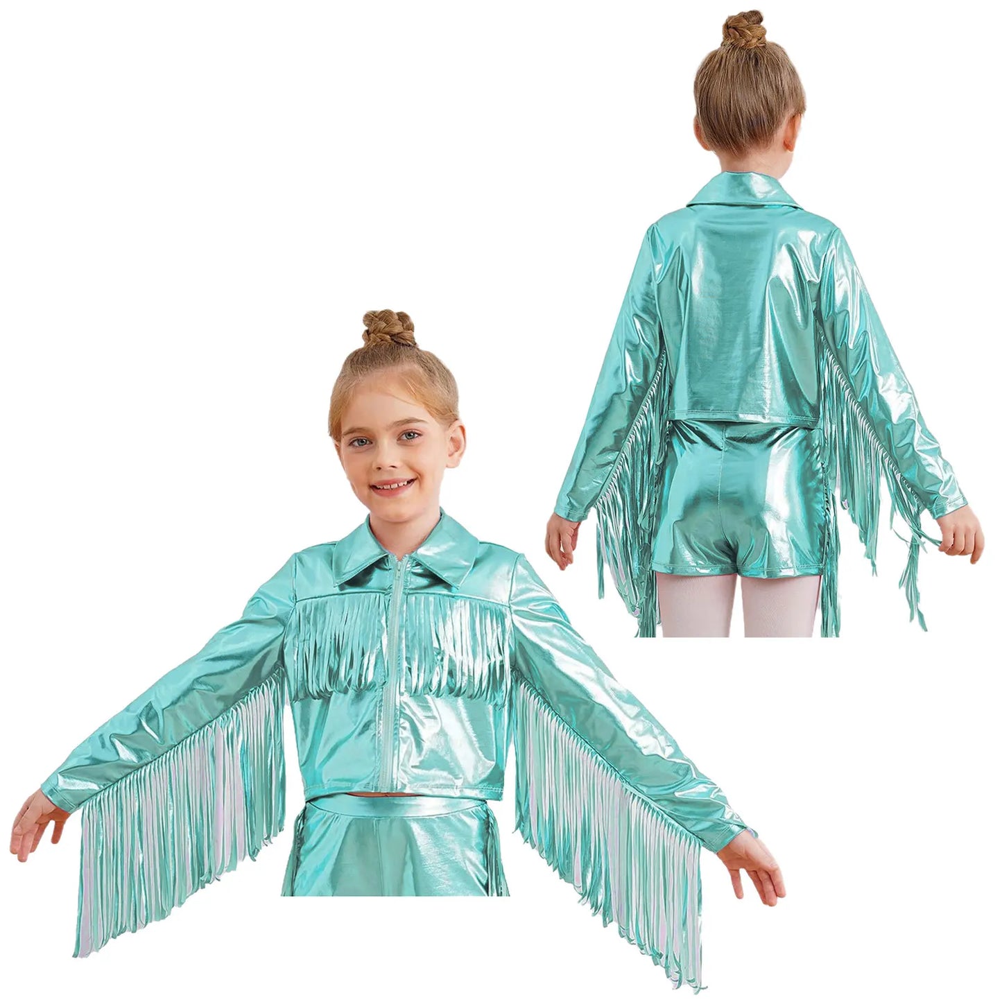 Kids Girls Tassels Metallic Jacket Top Fringe Shiny Turn-Down Collar Long Sleeve Zipper Jacket Coat for Hip Hop Street Dance