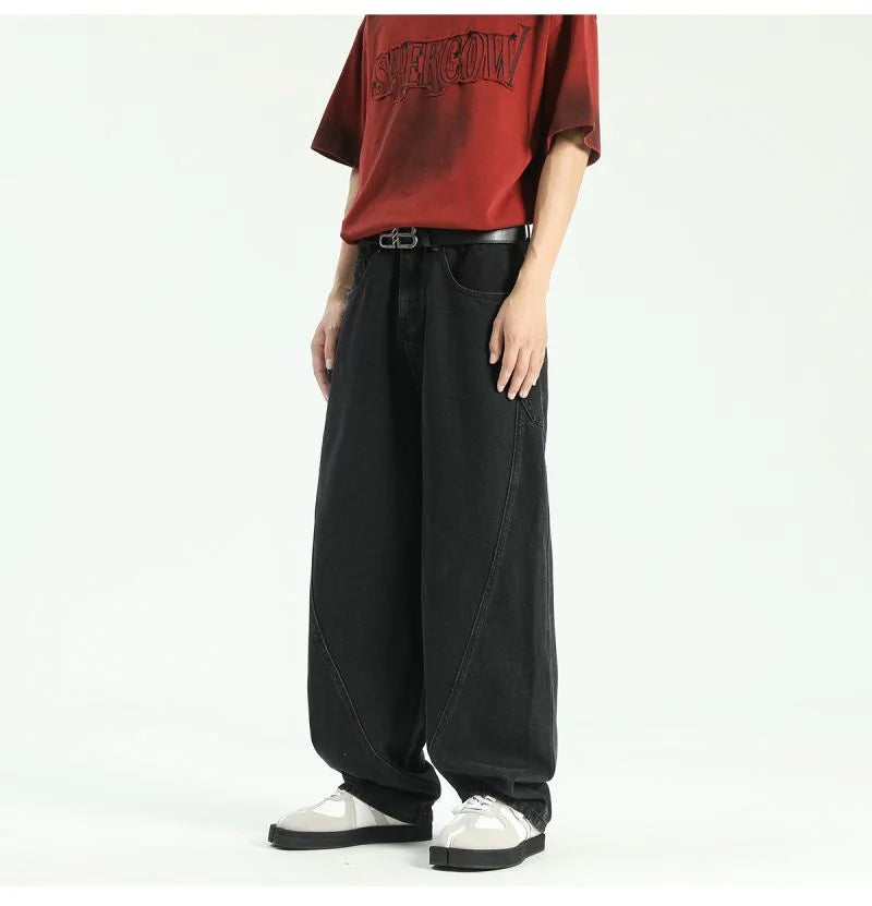 New Vintage Men‘s Patchwork Baggy Jeans Draped Straight-leg Denim Trousers Autumn Korean Fashion High Street Casual Y2K Jean