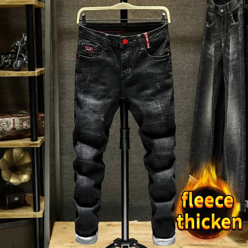 Pantalones de invierno de tela vaquera cepillada, ropa de estilo coreano, botas de calle de lujo para hombre, pantalones vaqueros gruesos de lana de felpa ajustados y elásticos.