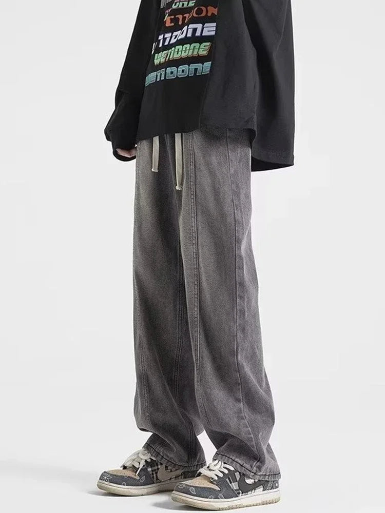 New Korean Fashion Baggy Jeans For Men Classic Drawstring Straight Denim Pants Y2K Vintage Jean Streetwear Wide-leg Trousers