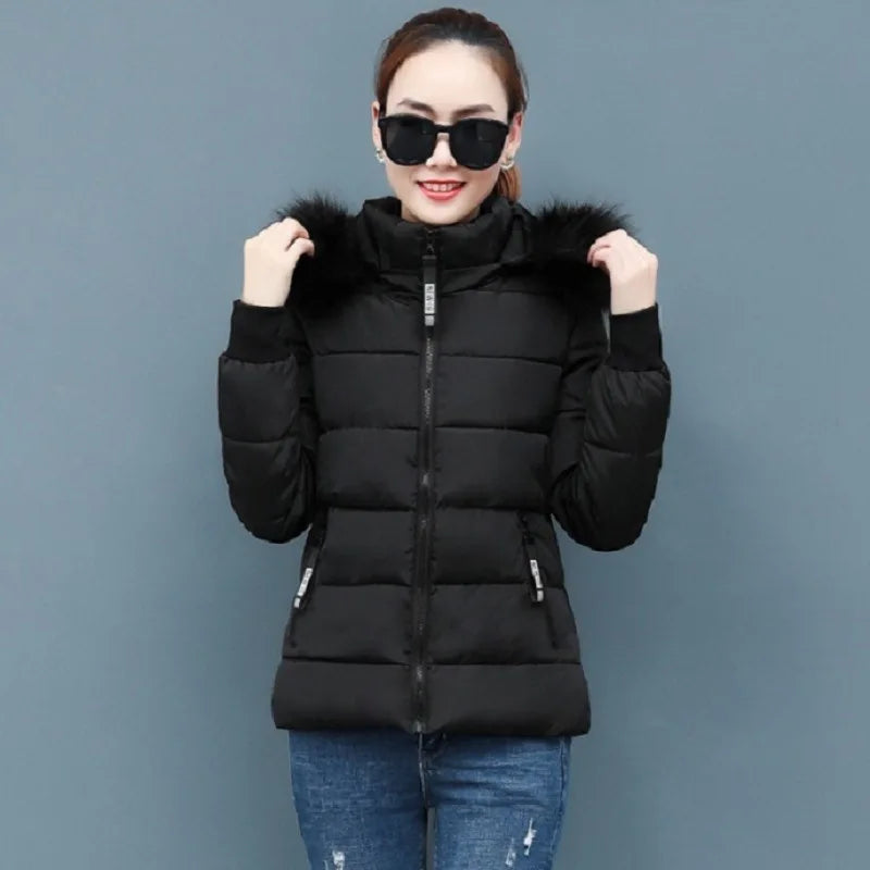 Solid Color Detachable Hooded Hair Collar Slim-fit Cotton-padded Jacket, Women's Winter New Warm Casual Stand Collar Padded Coat