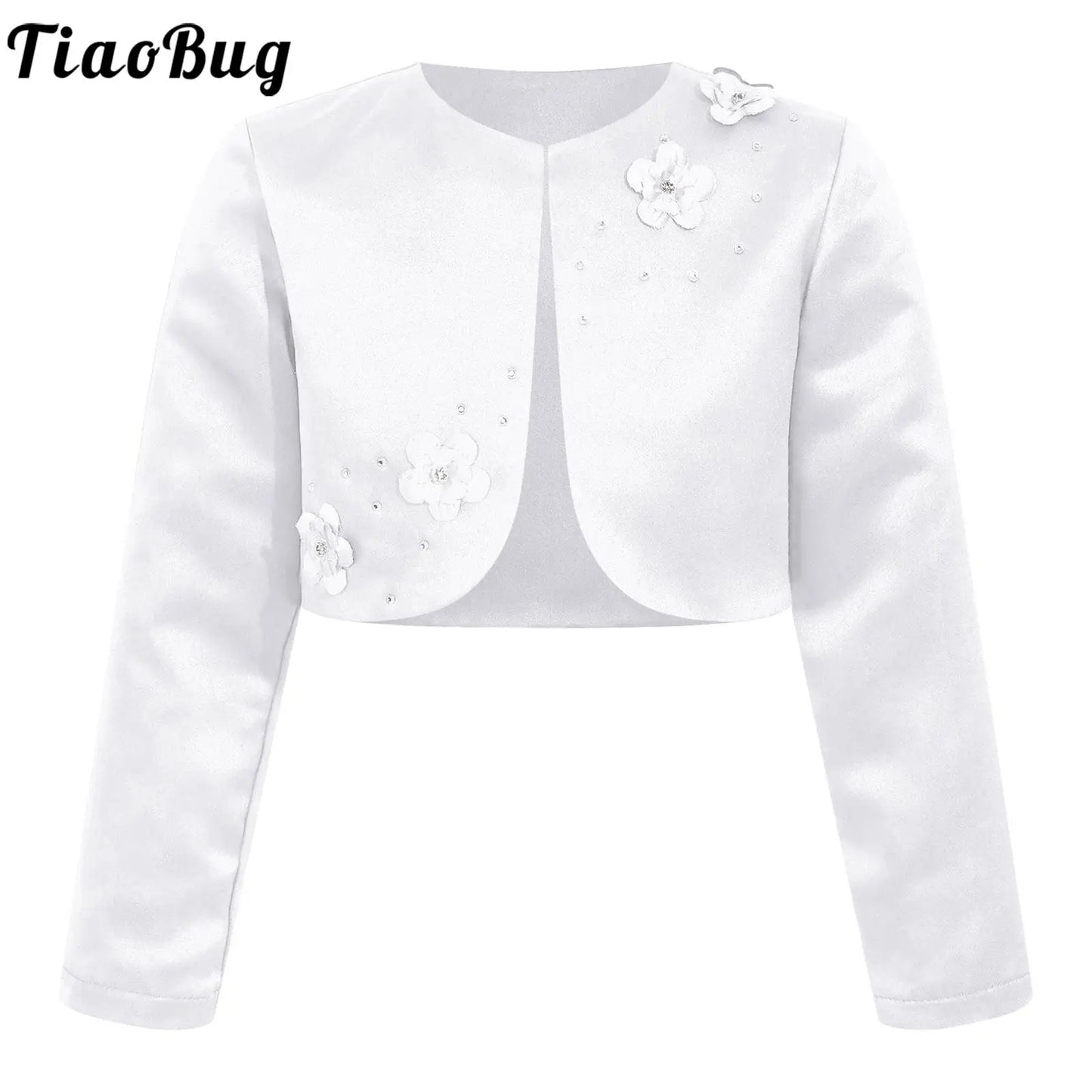 Kids Girls Satin Bolero Jackets Rhinestone Flower Elegant Cardigan Long Sleeve Open Front Shrug Cape Wedding Party Dress Outwear
