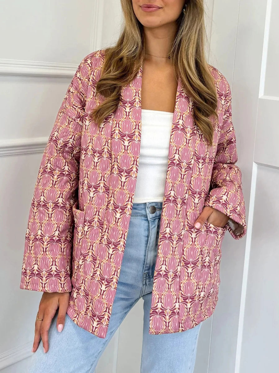 2024 New Fashion Women Winter Padded Jacket Vintage Print Open Front Quilted Long Sleeve Coat Cardigan