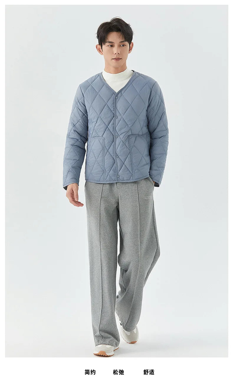Men's Winter New Lightweight Single-breasted Padded Jacket with Pockets, Young Man Solid Color Argyle Casual Warm Padded Jacket
