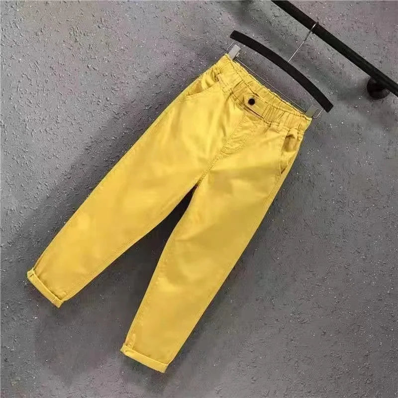 2025 Fashion Summer Women Harem Pants All-matched Casual Cotton Denim Pants Elastic Waist Solid Yellow White Jeans Female 3XL