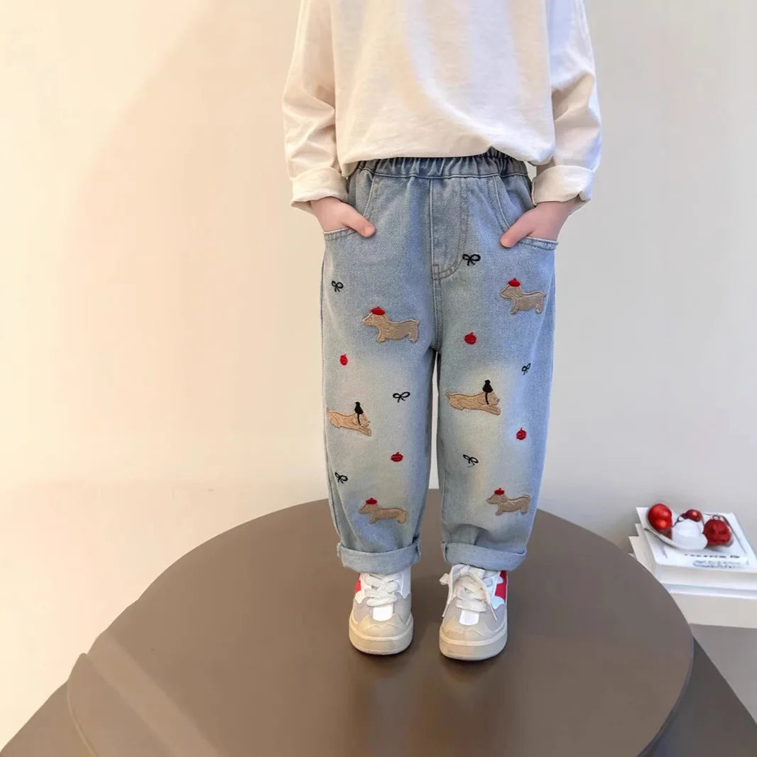 2025 New Girls Jeans Loose Straight Leg Pants for Toddler Baby Casual Wear Spring Autumn