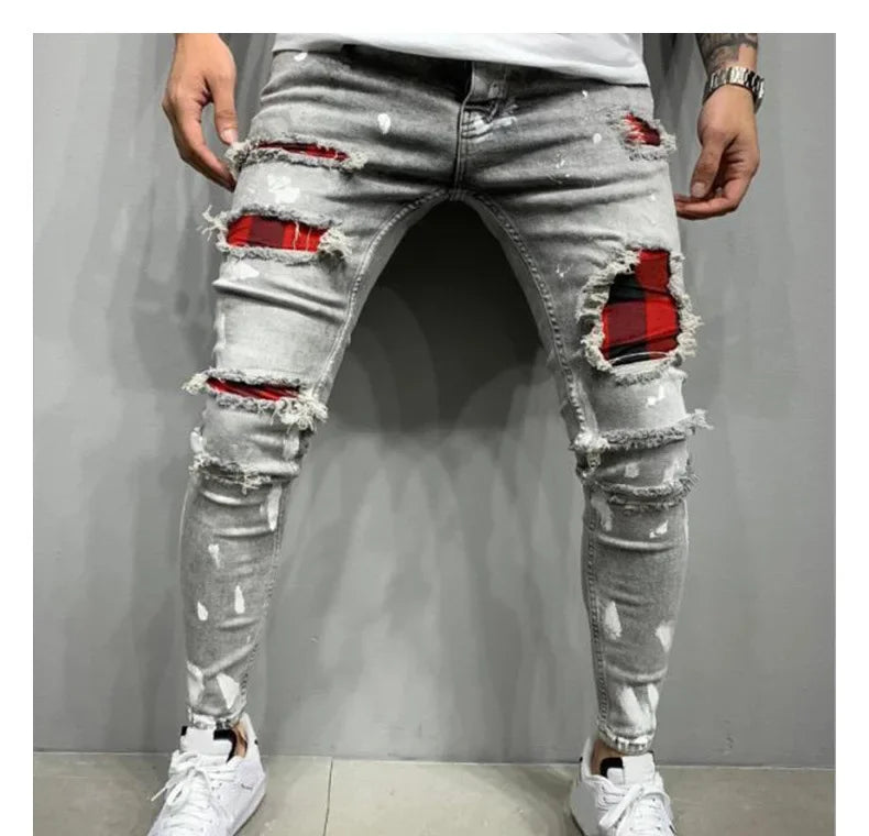 Pantalones vaqueros ajustados de cintura media con agujeros desgastados para hombre, estilo urbano, hasta el tobillo, lavados, 2025