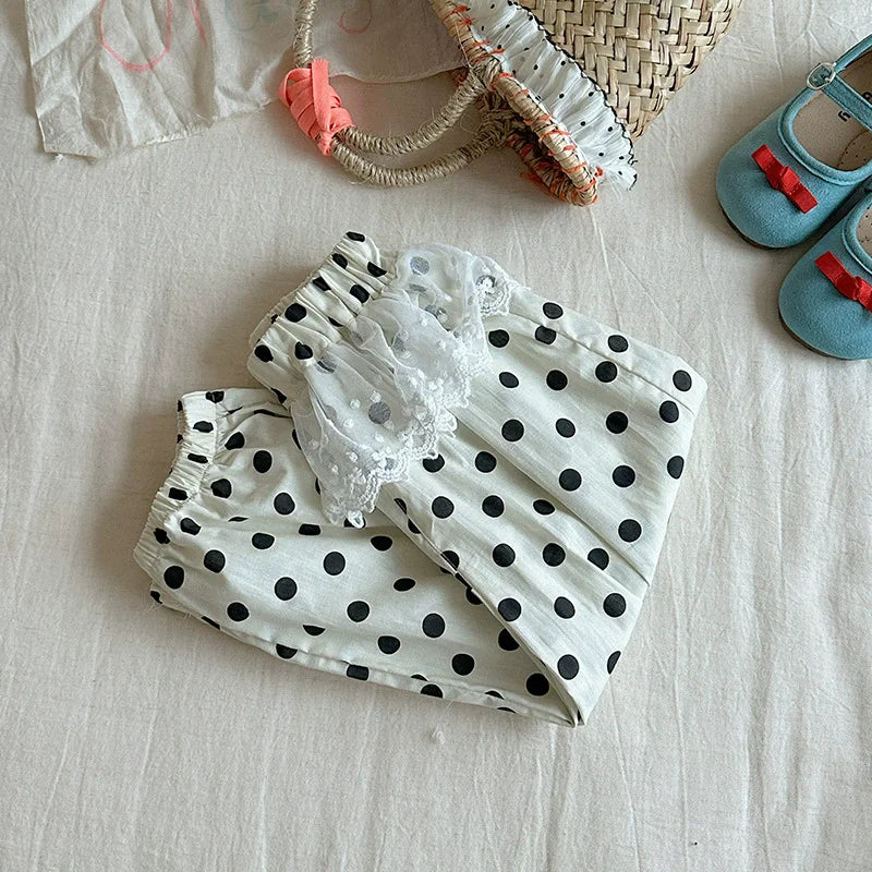 Pantalones de encaje para niñas pequeñas, novedad de 2025, pantalones de malla con costuras para niños, pantalones casuales de princesa con estampado de verano, ropa de moda para niños de 2 a 10 años