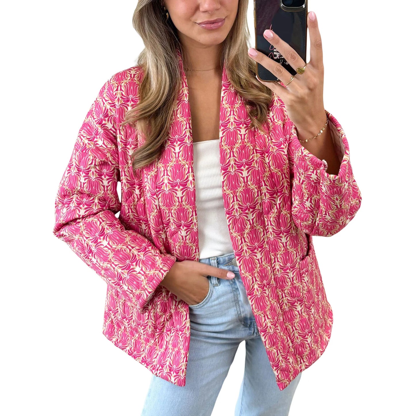 2024 New Fashion Women Winter Padded Jacket Vintage Print Open Front Quilted Long Sleeve Coat Cardigan