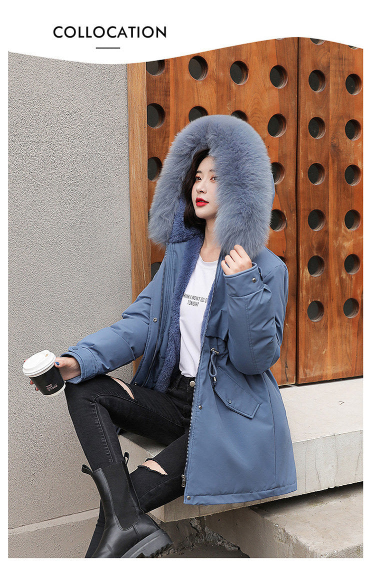 Women Parka Fashion 2023 Winter Jacket Slim with Fur Collar Warm Snow Wear Padded Clothes Long Coat Wool Liner Hooded Parkas