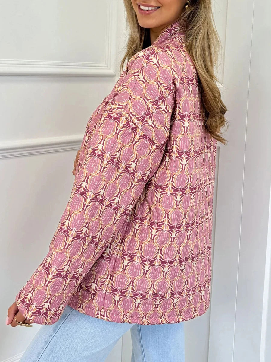 2024 New Fashion Women Winter Padded Jacket Vintage Print Open Front Quilted Long Sleeve Coat Cardigan