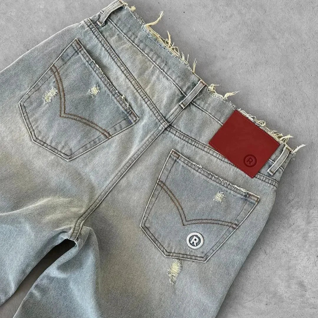 Pantalones vaqueros rectos desgastados para hombre, rotos, lavados, largos hasta los tobillos, holgados, lisos, con cremallera y bolsillos, informales, 2025