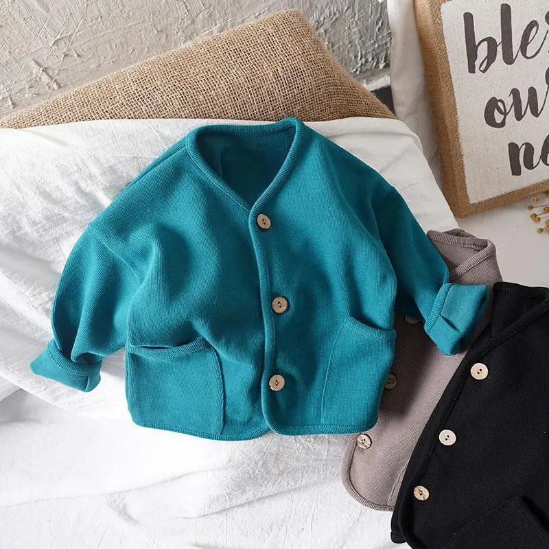 Korean 0-7Yrs Children's Loose Solid Color Long Sleeved Cardigan Autumn Style Pure Cotton Casual Top Jacket for Boys and Girls