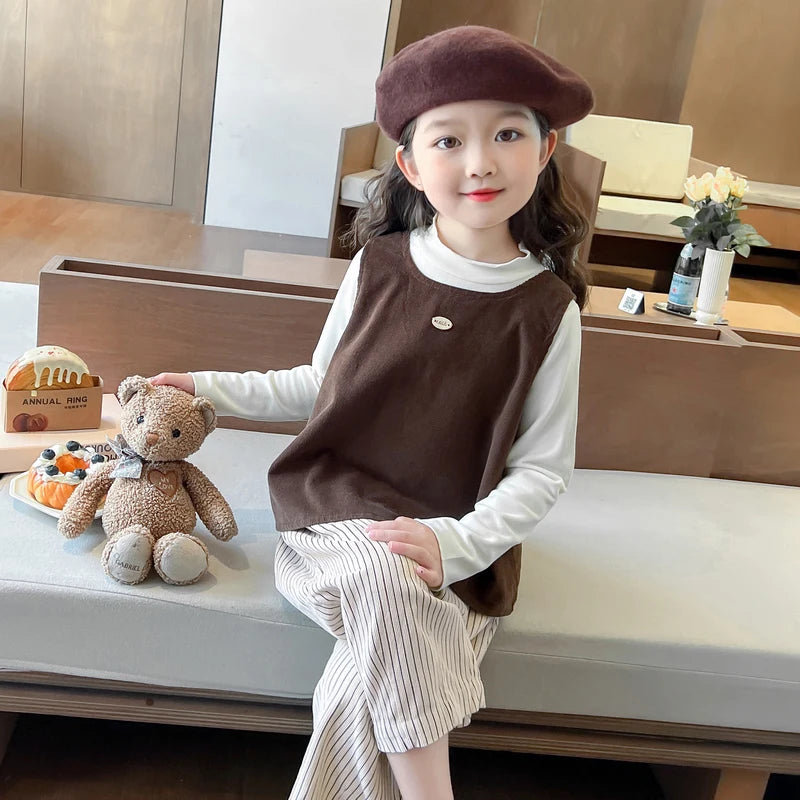 Girls Autumn Spring Clothing Set Fashion Children's Bow Tie Vest + Undershirt + Wide-Leg Pants Three-Piece Set 2025 New
