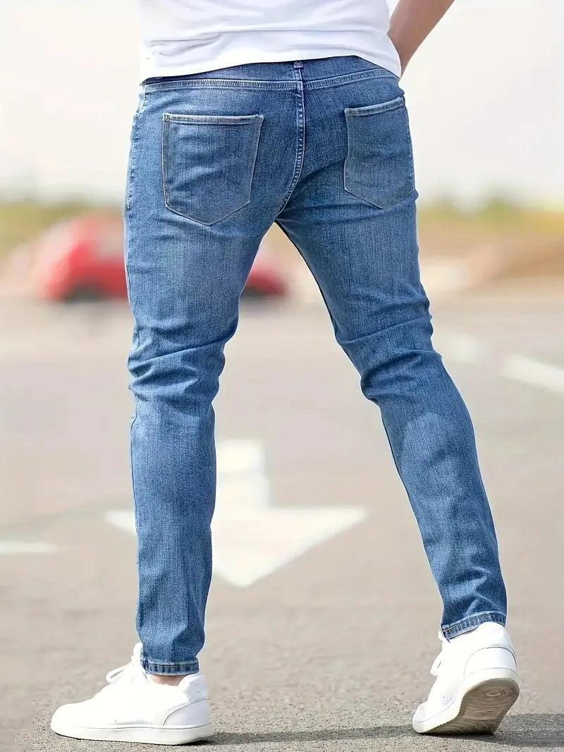 Pantalones vaqueros desgastados para hombre, ajustados, vintage, con agujeros, lavados, lisos, hasta el tobillo, estilo punk, con bolsillos, 2024
